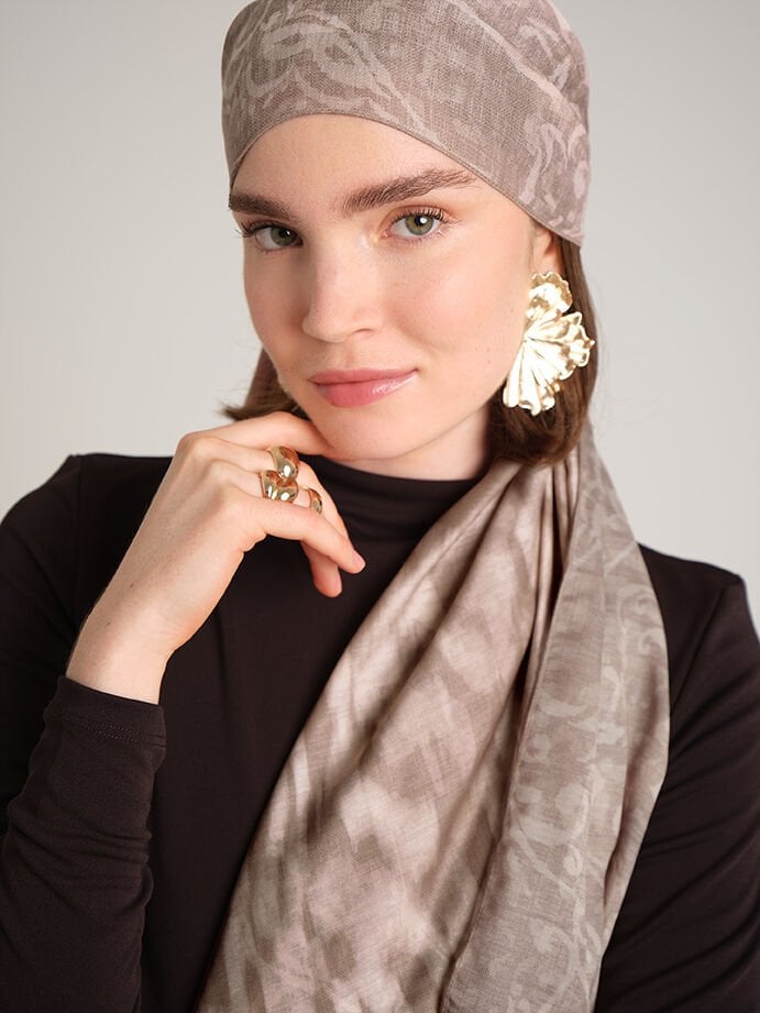 Yalaz Zebra Damask Desenli Çift Taraflı Şal - Krem Bej