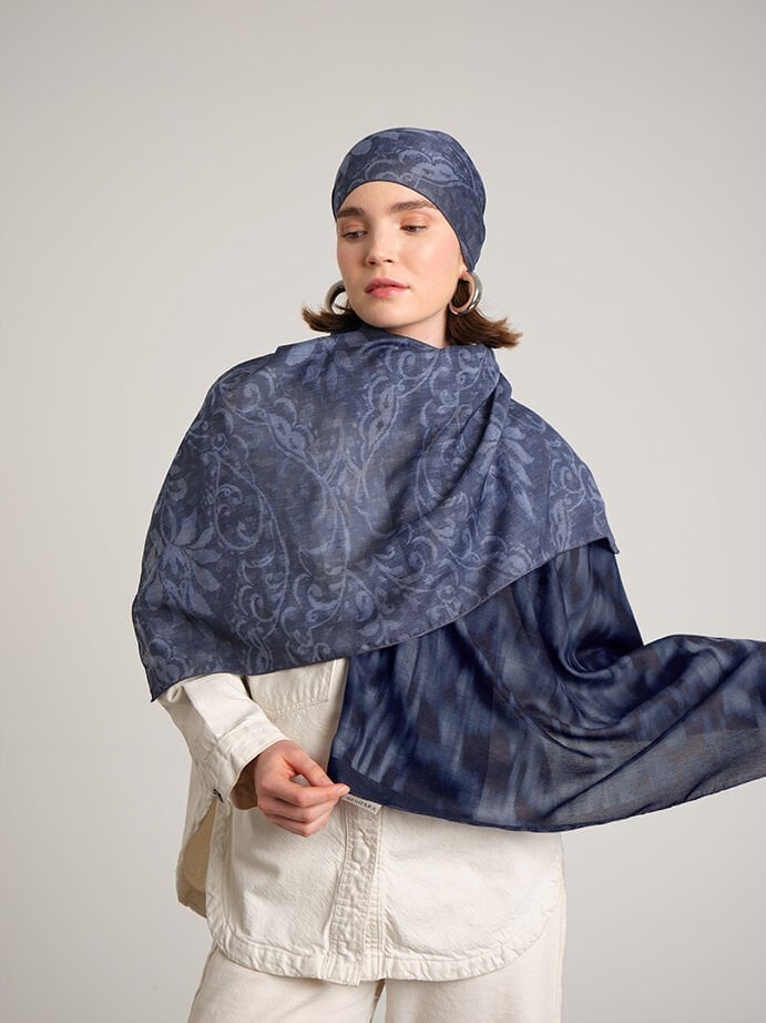 Yalaz Zebra Damask Desenli Çift Taraflı Şal - Koyu Kot Mavi