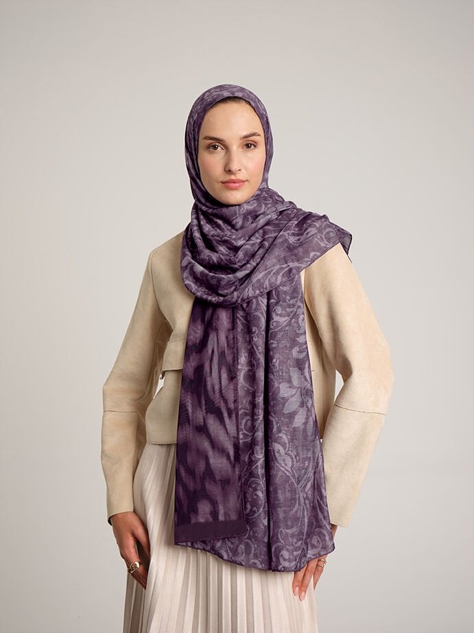 Yalaz Zebra Damask Desenli Çift Taraflı Şal - Mürdüm