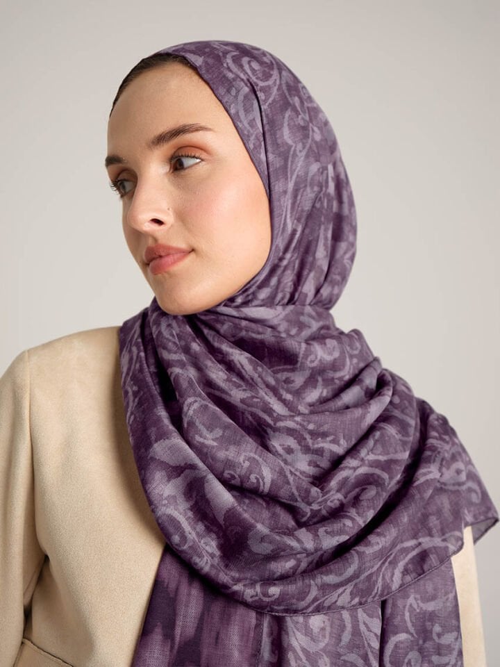 Yalaz Zebra Damask Desenli Çift Taraflı Şal - Mürdüm