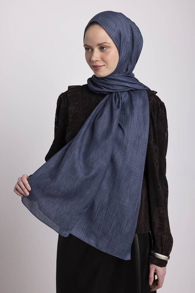 Aura Monogram Desenli Çift Taraflı Şal - Koyu Mavi 50-13