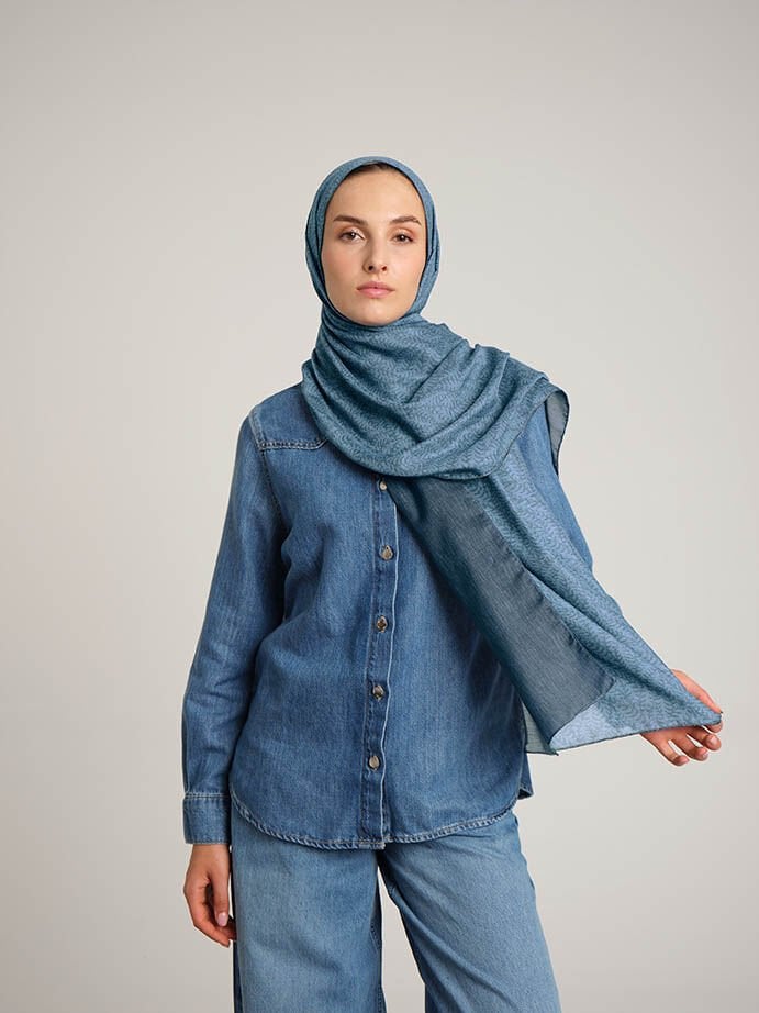 Buğu Düz Desenli Çift Taraflı Şal - Mavi