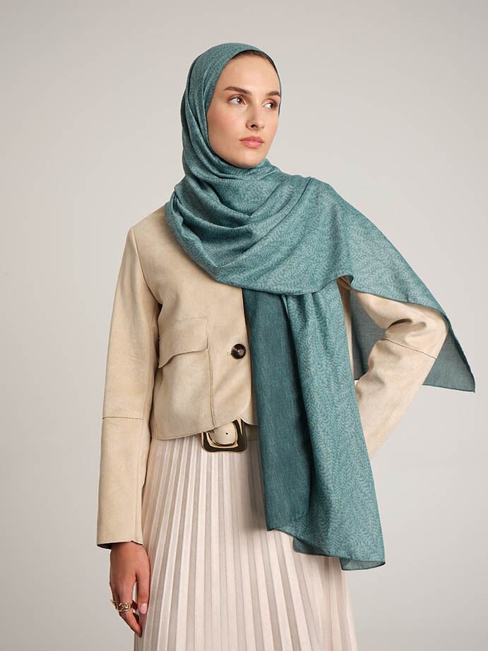 Buğu Düz Desenli Çift Taraflı Şal - Açık Petrol