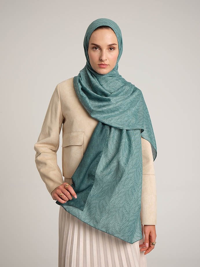 Buğu Düz Desenli Çift Taraflı Şal - Açık Petrol