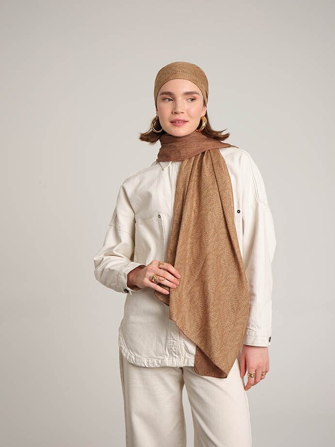 Buğu Düz Desenli Çift Taraflı Şal - Şeftali Kiremit