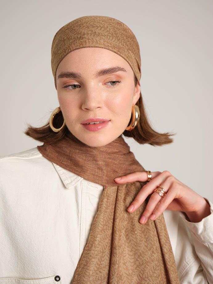 Buğu Düz Desenli Çift Taraflı Şal - Şeftali Kiremit