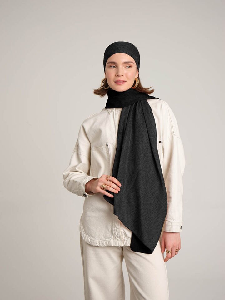 Buğu Düz Desenli Çift Taraflı Şal - Gri Siyah