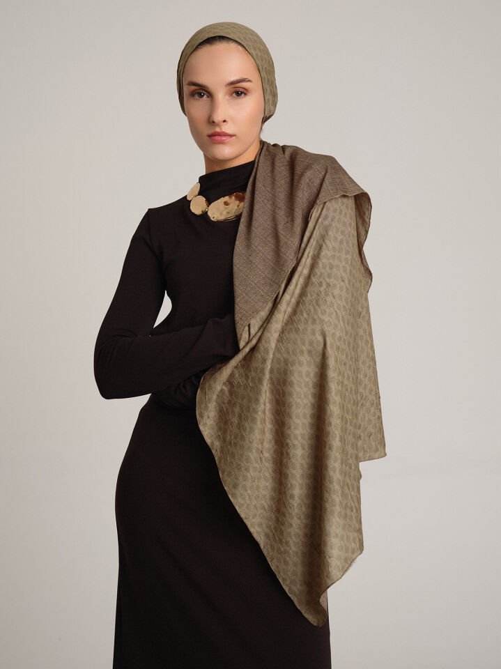 Katre-i Zerâfet Monogram Düz Desenli Çift Taraflı Şal - Olive Kahve
