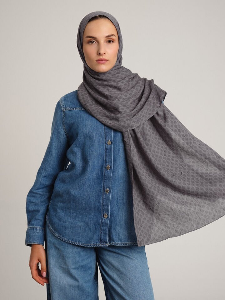 Katre-i Zerâfet Monogram Düz Desenli Çift Taraflı Şal - Kül Gri