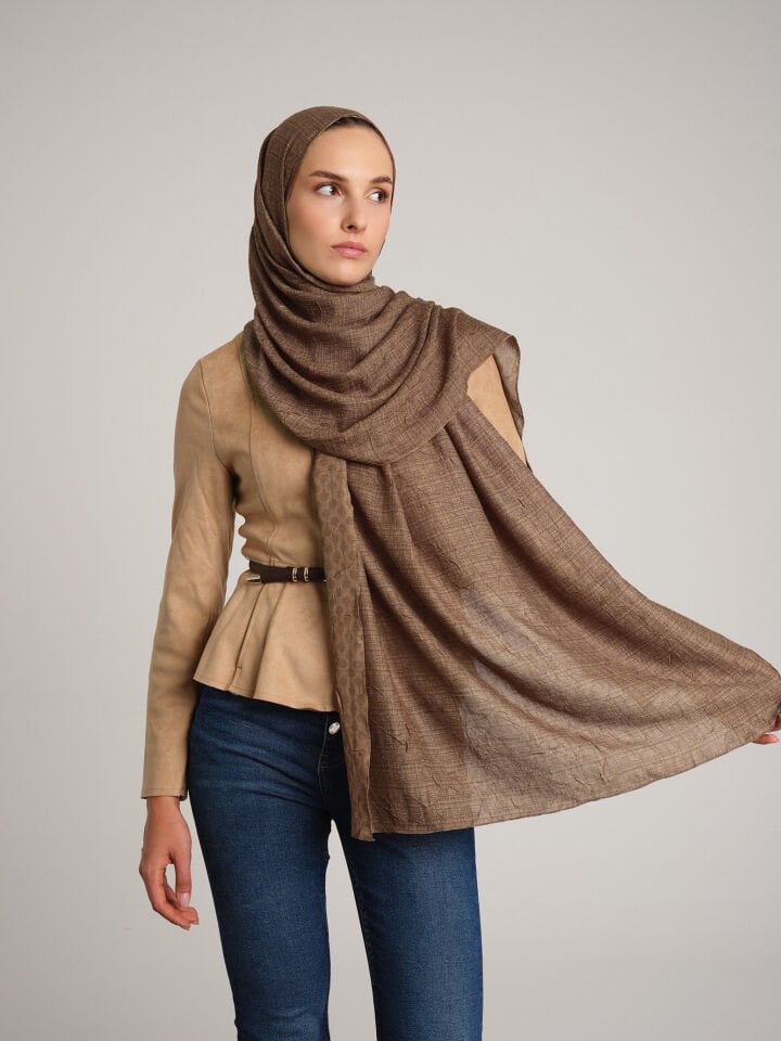 Katre-i Zerâfet Monogram Düz Desenli Çift Taraflı Şal - Latte Kahve