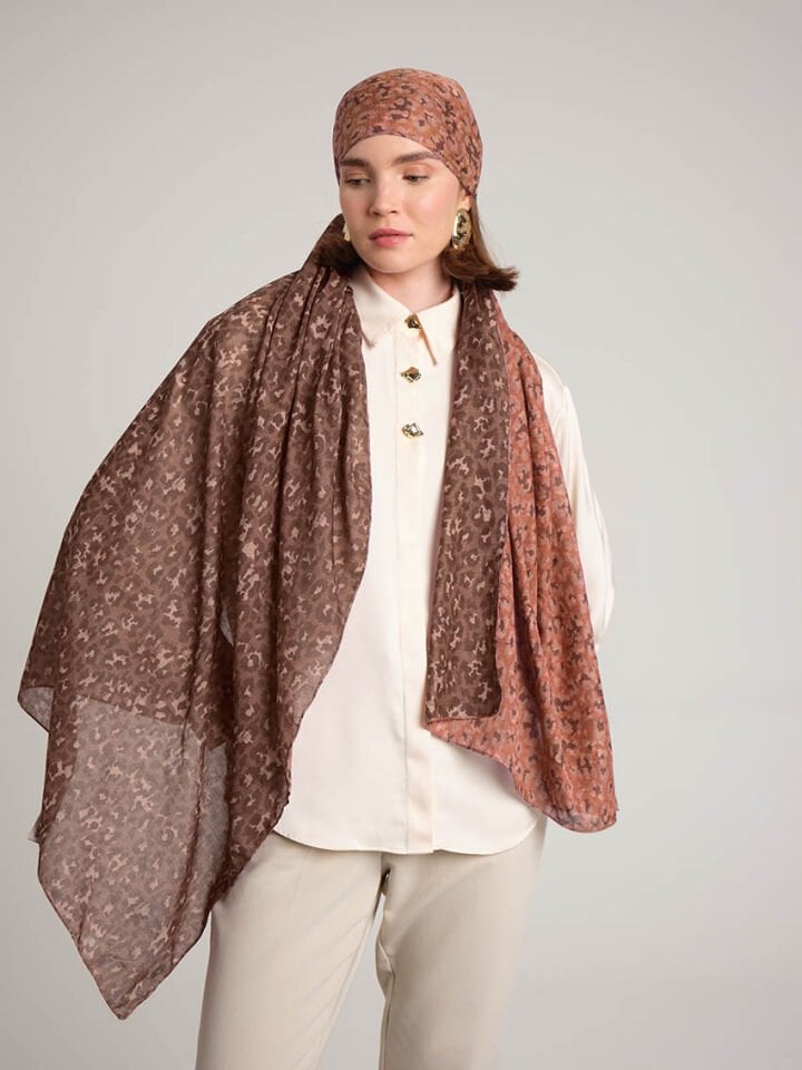 Peleng Leopar Desenli Çift Taraflı Şal - Kiremit Kahverengi