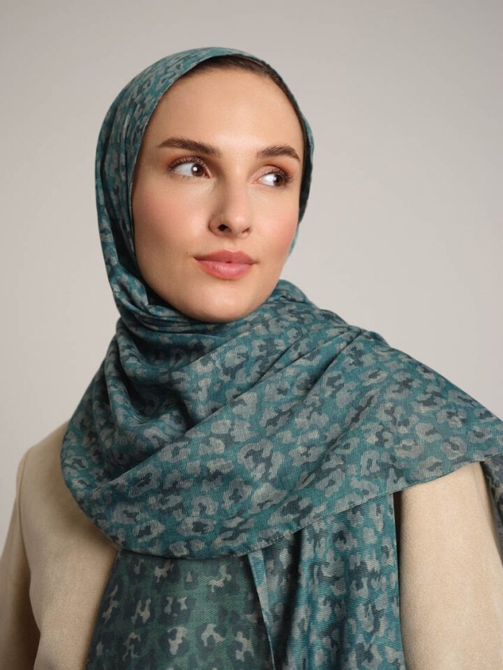 Peleng Leopar Desenli Çift Taraflı Şal - Turkuaz Petrol