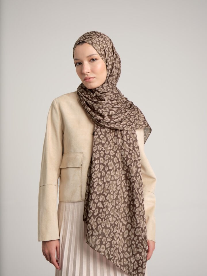Peleng Leopar Desenli Çift Taraflı Şal - Çikolata Toprak Kahve