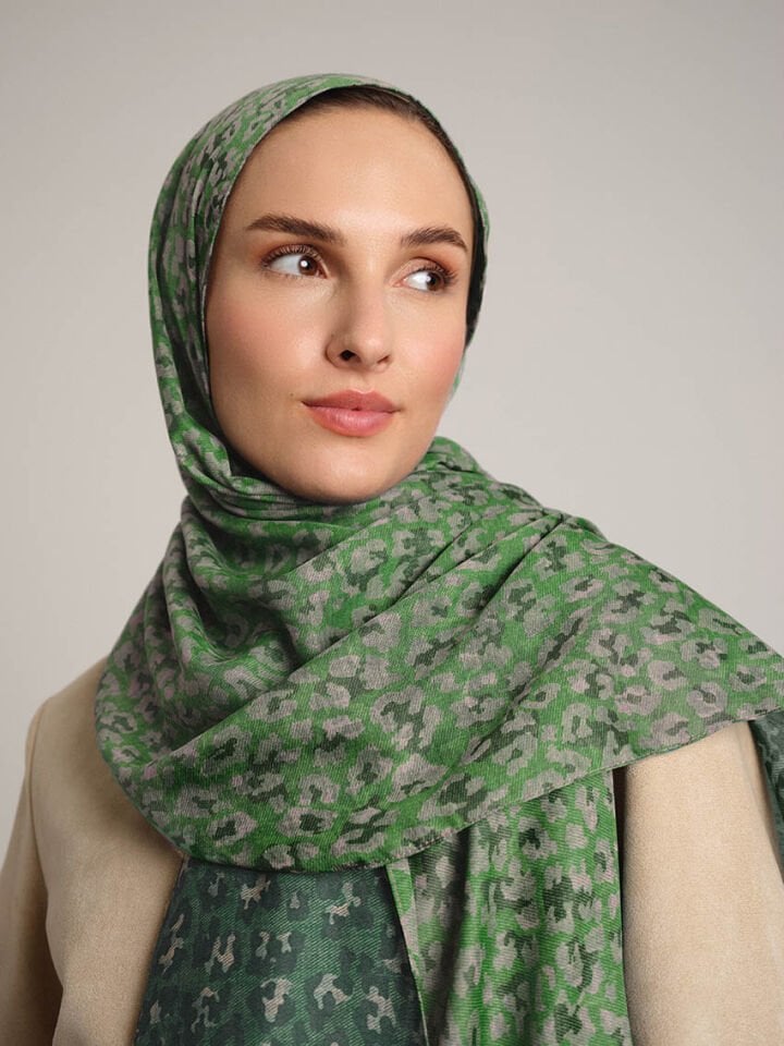 Peleng Leopar Desenli Çift Taraflı Şal - Zümrüt Yeşil