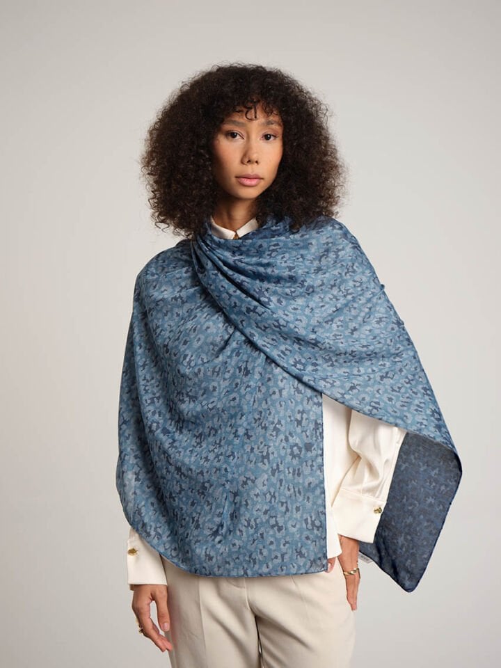 Peleng Leopar Desenli Çift Taraflı Şal - Mavi