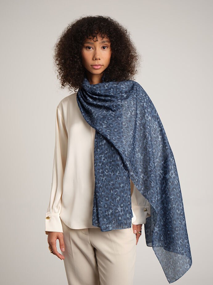 Peleng Leopar Desenli Çift Taraflı Şal - Mavi