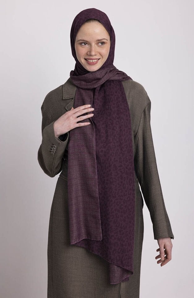 Barçın Leopar Desenli Çift Taraflı Şal - Mürdüm