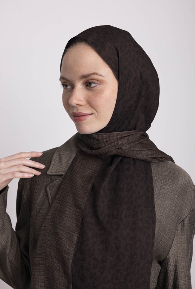 Barçın Leopar Desenli Çift Taraflı Şal - Çikolata Kahve