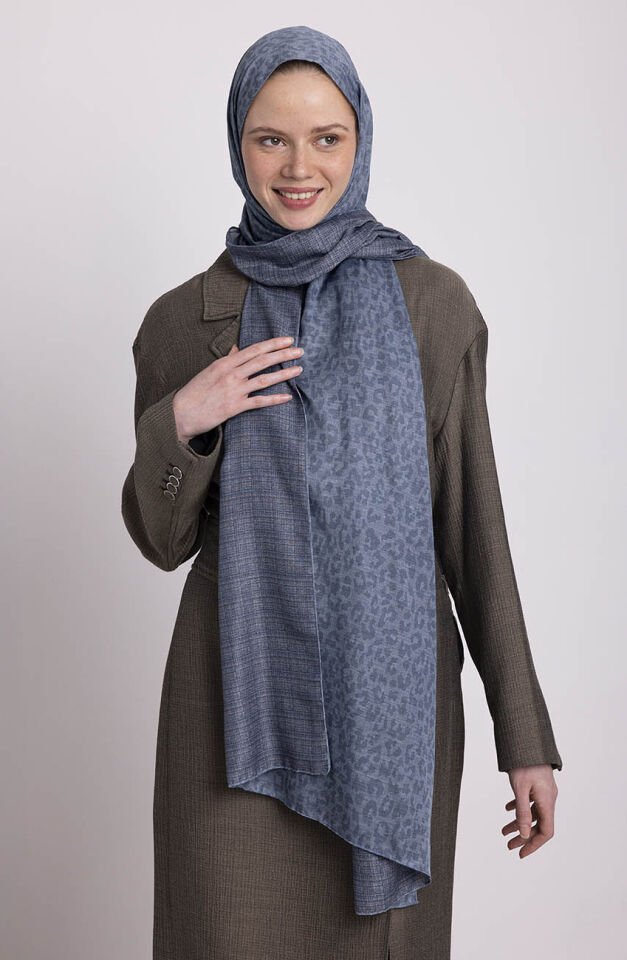 Barçın Leopar Desenli Çift Taraflı Şal - Mavi