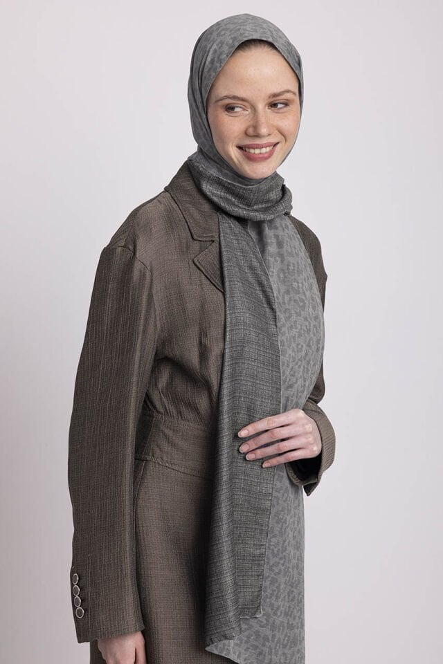 Barçın Leopar Desenli Çift Taraflı Şal - Açık Gri