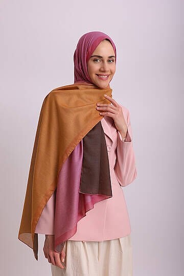 Renk Geçişli Degrade Desenli Çift Taraflı Şal - Pembe Turuncu Kahve 70-03
