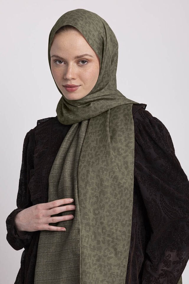 Barçın Leopar Desenli Çift Taraflı Şal - Haki Yeşil