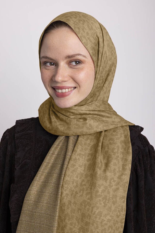 Barçın Leopar Desenli Çift Taraflı Şal - Hardal Koyu Sarı