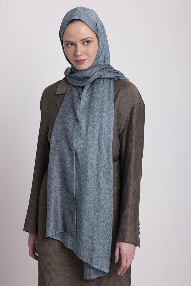 Barçın Leopar Desenli Çift Taraflı Şal - Gri Mavi