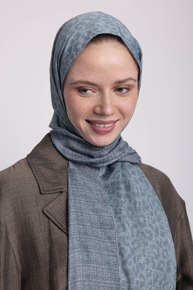 Barçın Leopar Desenli Çift Taraflı Şal - Gri Mavi