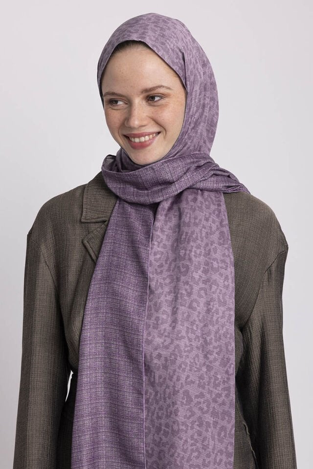 Barçın Leopar Desenli Çift Taraflı Şal - Leylak Mor