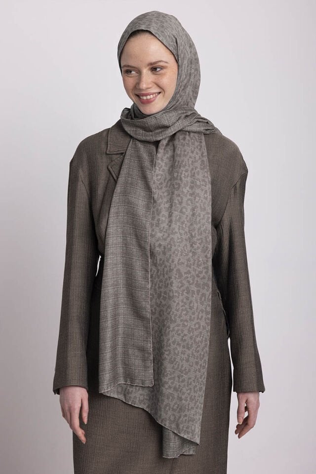Barçın Leopar Desenli Çift Taraflı Şal - Taş Gri