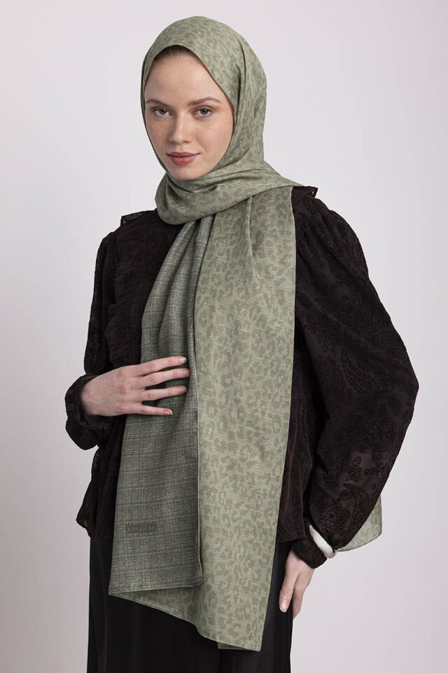 Barçın Leopar Desenli Çift Taraflı Şal - Açık Yeşil