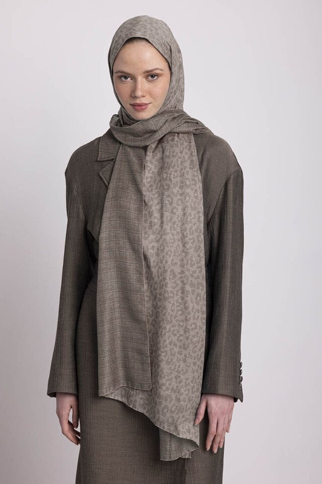 Barçın Leopar Desenli Çift Taraflı Şal - Taş Krem
