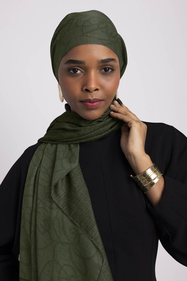 Şebnem Hattı Monogram Desenli Çift Taraflı Şal - Haki Yeşil