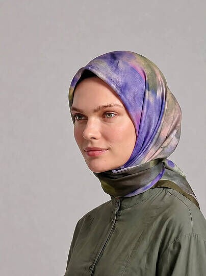 Fırça Hâlesi Puanlı Soyut Desenli Çift Taraflı Eşarp Yeşil Mor 76-03