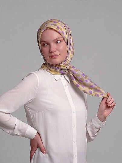 Fırça Hâlesi Puanlı Soyut Desenli Çift Taraflı Eşarp Mor Sarı 76-05