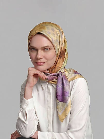Fırça Hâlesi Puanlı Soyut Desenli Çift Taraflı Eşarp Mor Sarı 76-05