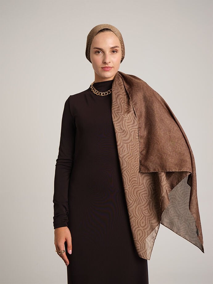 Şiraze Monogram Düz Desenli Çift Taraflı Şal - Kakao Kahve