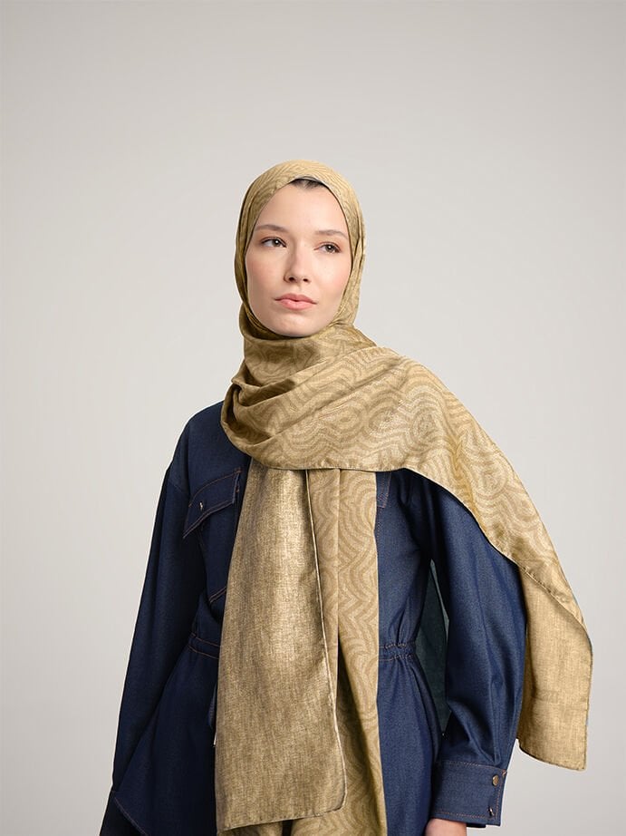 Şiraze Monogram Düz Desenli Çift Taraflı Şal - Mat Hardal