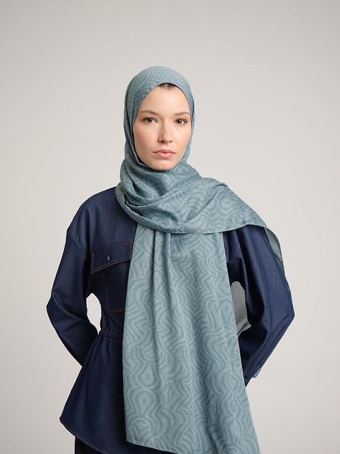 Şiraze Monogram Düz Desenli Çift Taraflı Şal - Turkuaz Mavi