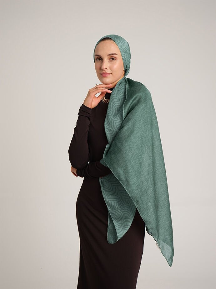 Şiraze Monogram Düz Desenli Çift Taraflı Şal - Orman Yeşil