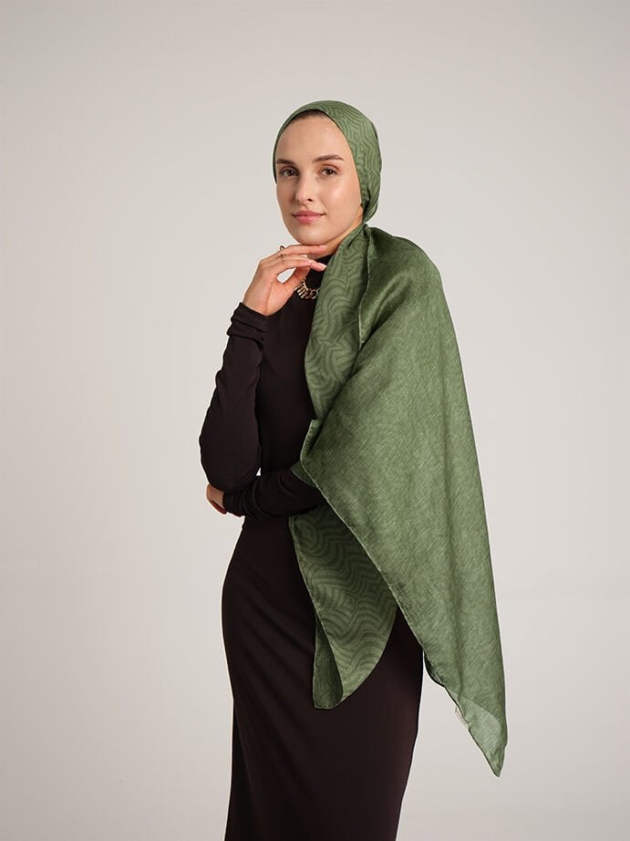 Şiraze Monogram Düz Desenli Çift Taraflı Şal - Sıcak Yeşil